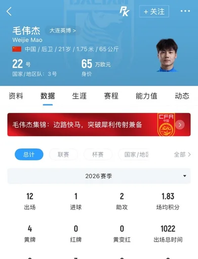大连英博官方宣布与21岁新晋国脚毛伟杰续约至2029年